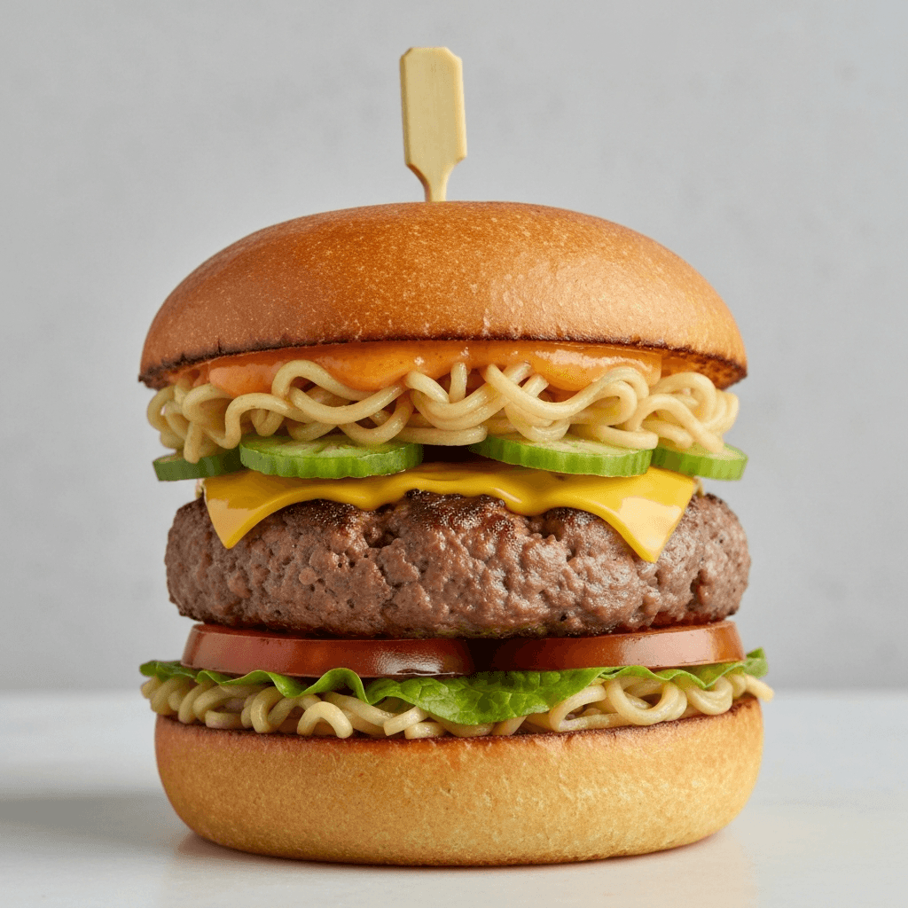 Black Garlic Ramen Burger with Pickled Ginger Mayo