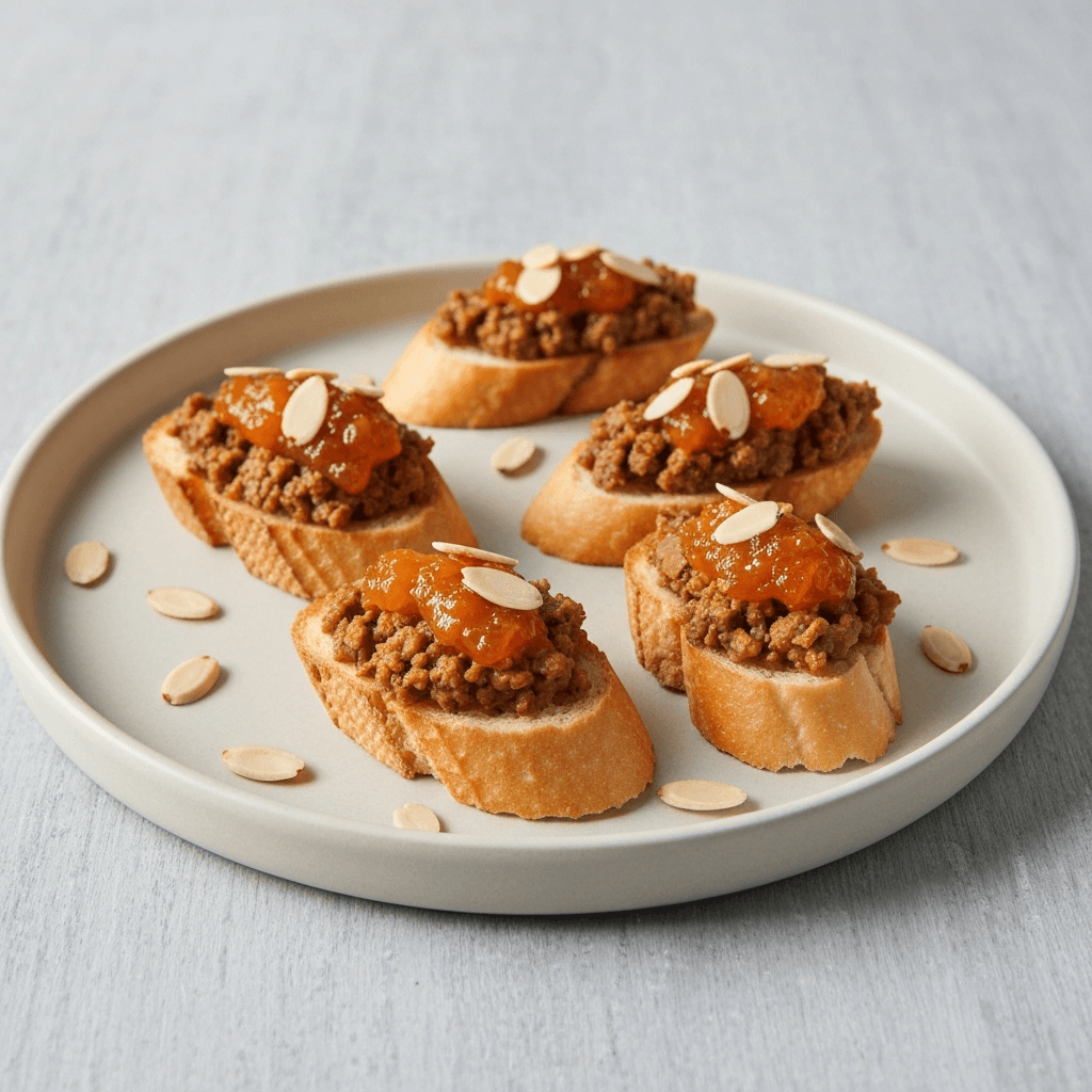 Bobotie Bruschetta with Apricot Chutney and Toasted Almonds