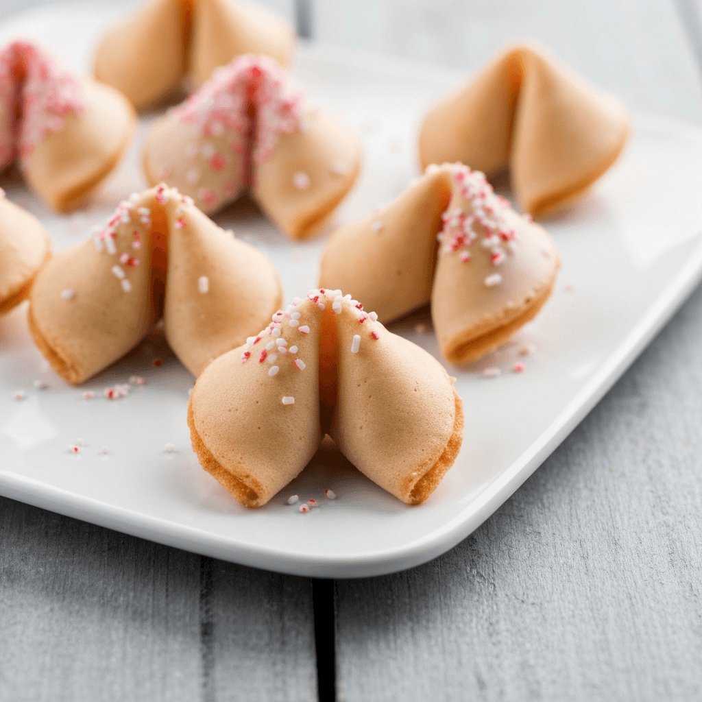 White Chocolate Dipped Fortune Cookies with Peppermint Sprinkles
