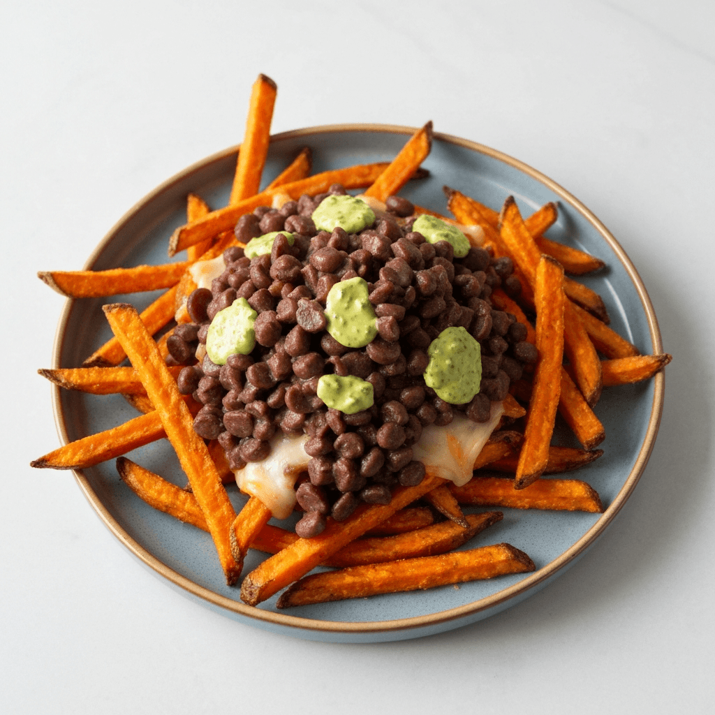 Feijoada-Topped Sweet Potato Fries with Lime Crema