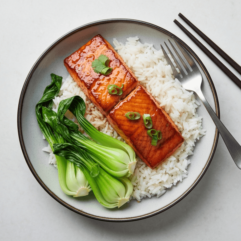 Vietnamese Caramelized Salmon Bowl with Rice and Bok Choy