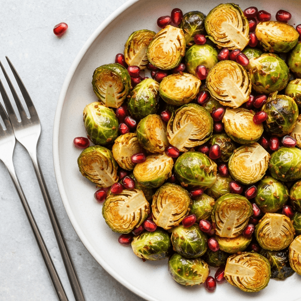 Moroccan Tagine-Spiced Roasted Brussels Sprouts with Pomegranate Seeds