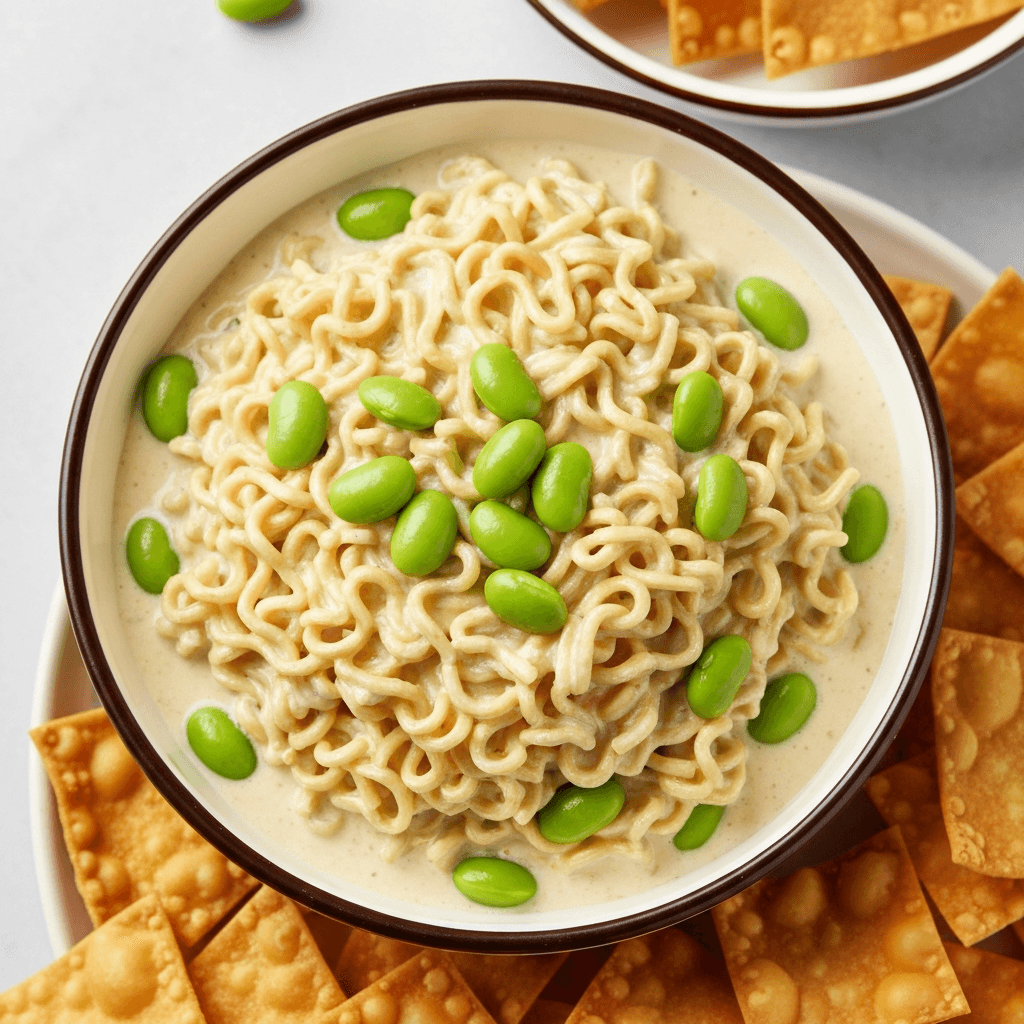 Ramen Noodle & Edamame Dip with Wonton Chips