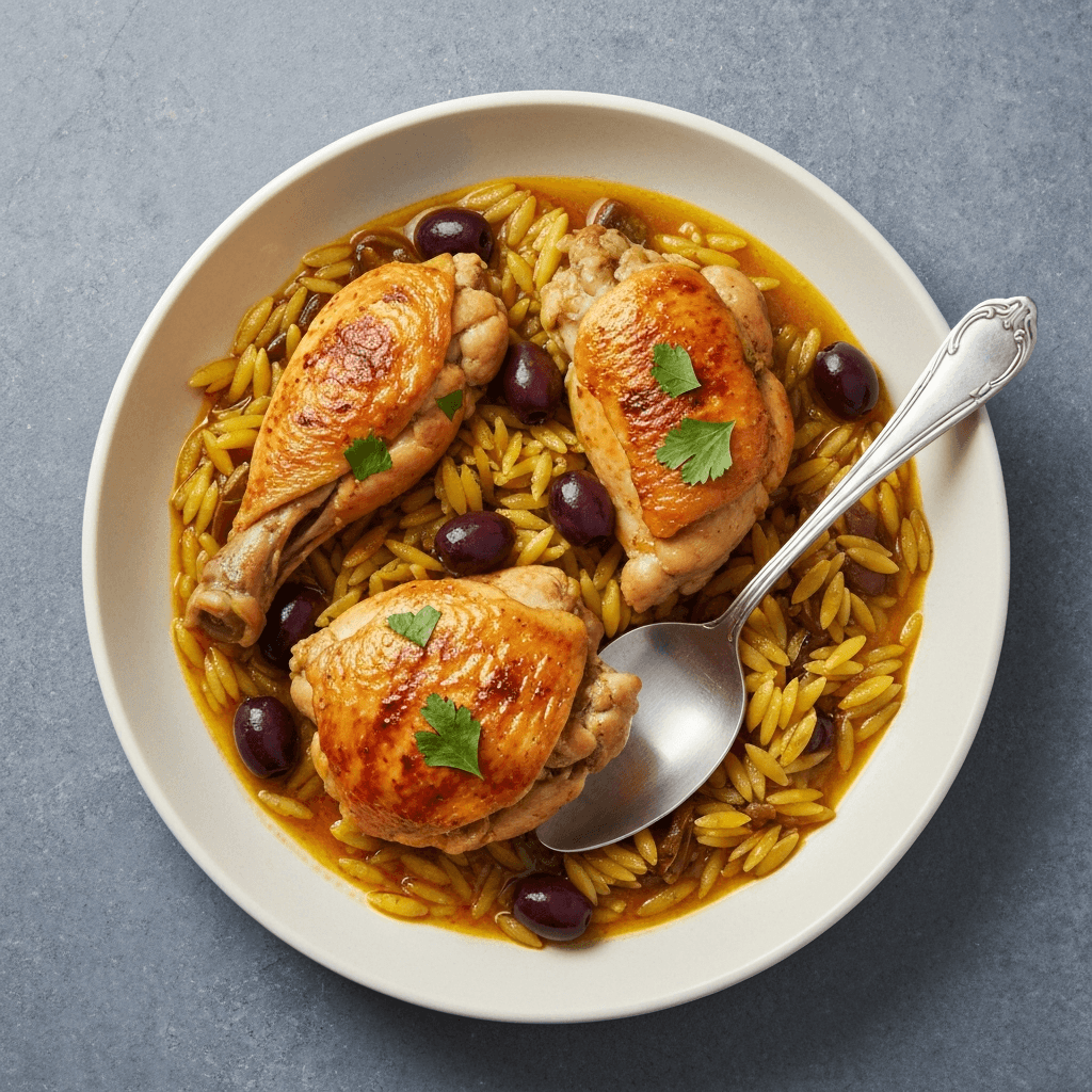 Chicken Tagine with Preserved Lemons, Olives, and Toasted Orzo