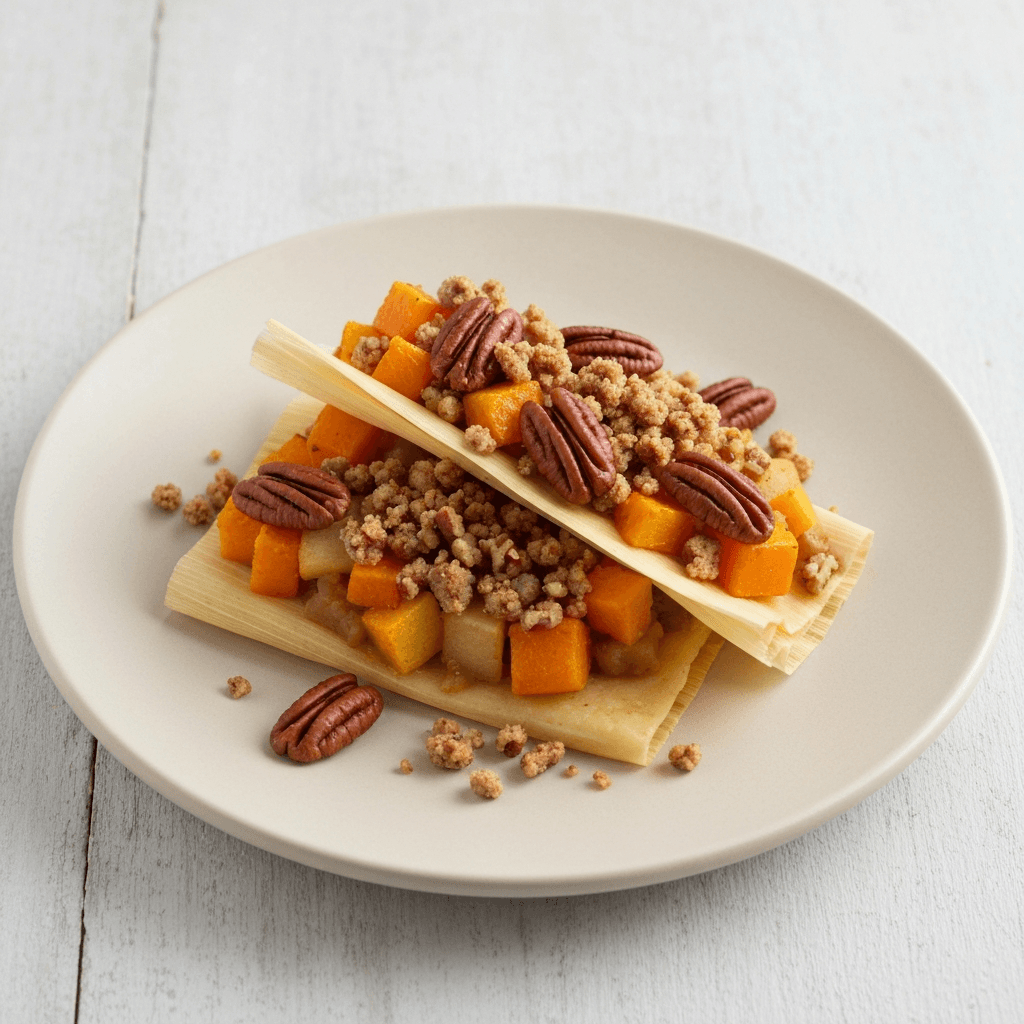 Butternut Squash and Apple Tamales with Pecan Crumble