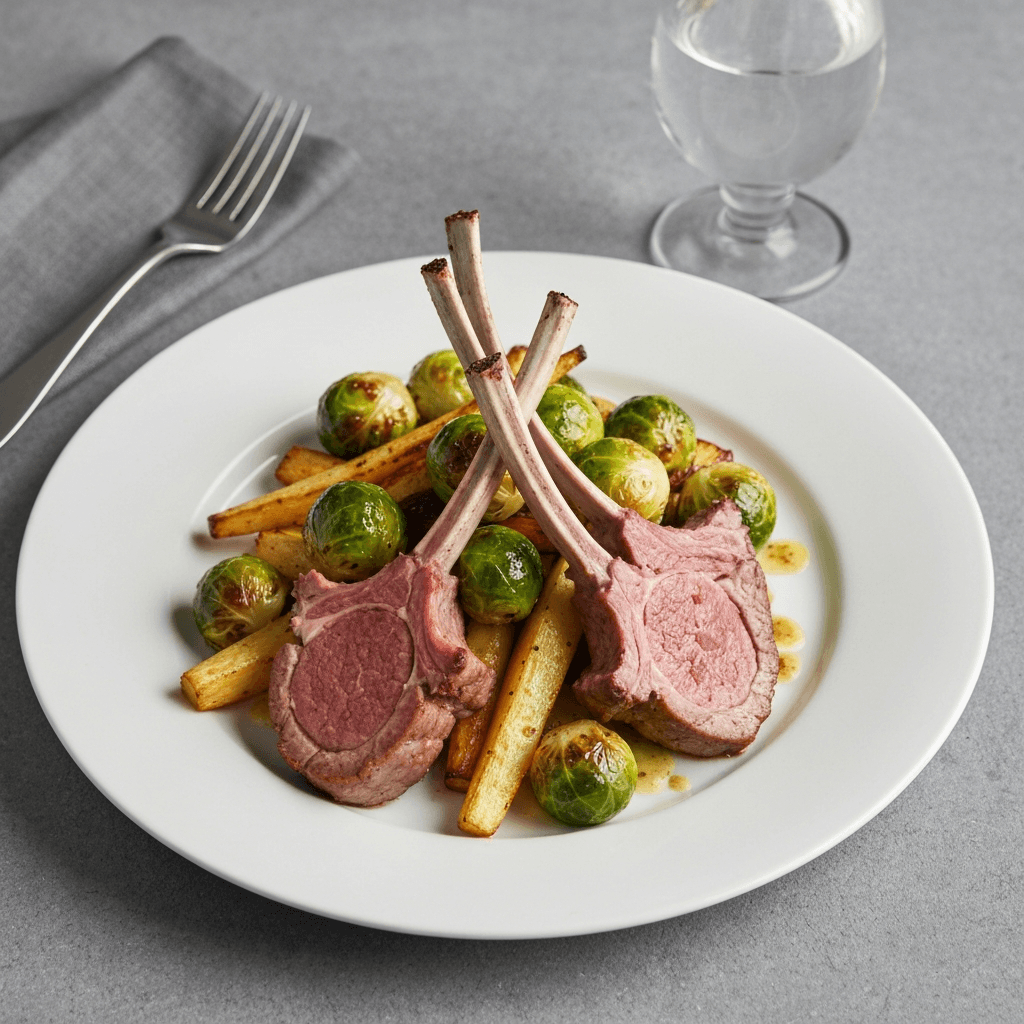 Roasted Brussels Sprouts with Jersey Lamb Chops