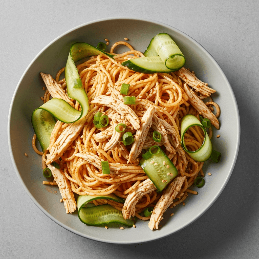Spicy Sesame Noodles with Shredded Chicken and Cucumber Ribbons