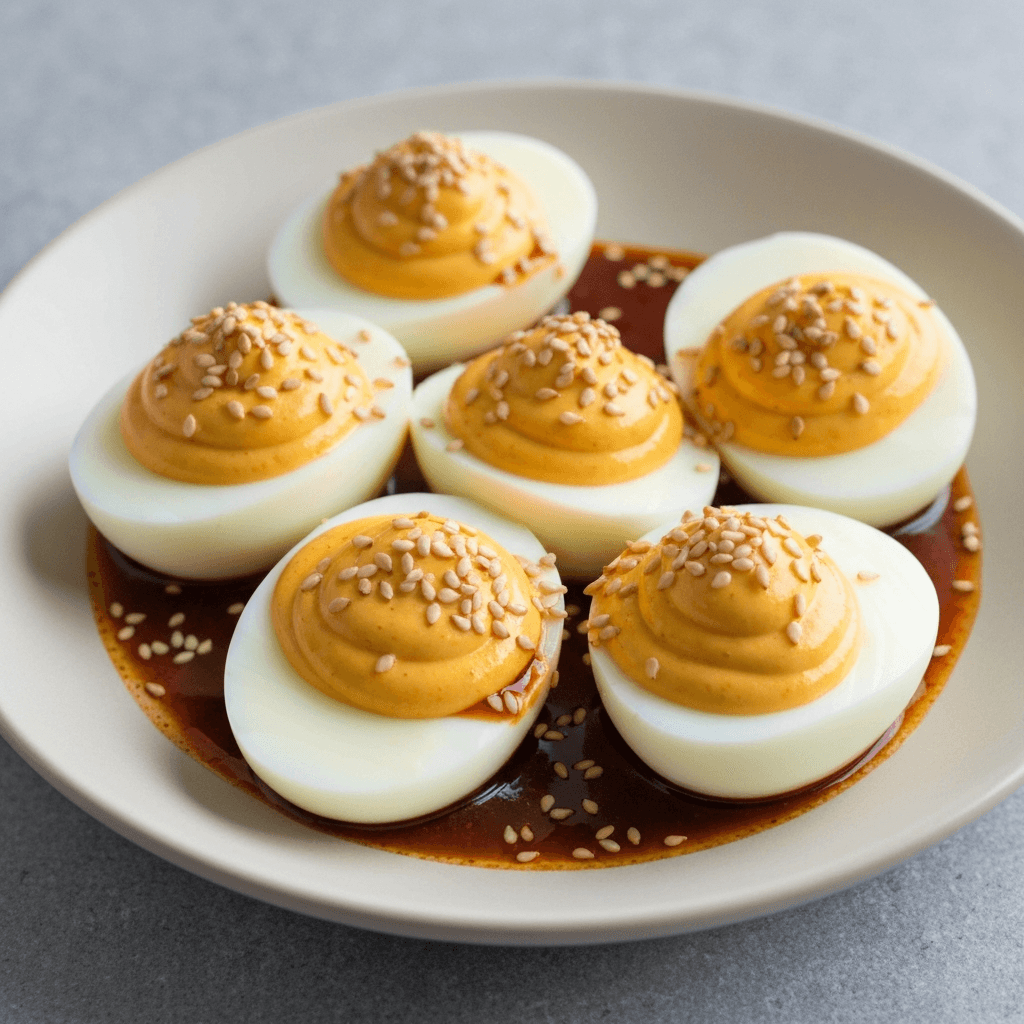 Korean Style Spicy Deviled Eggs with Gochujang and Sesame