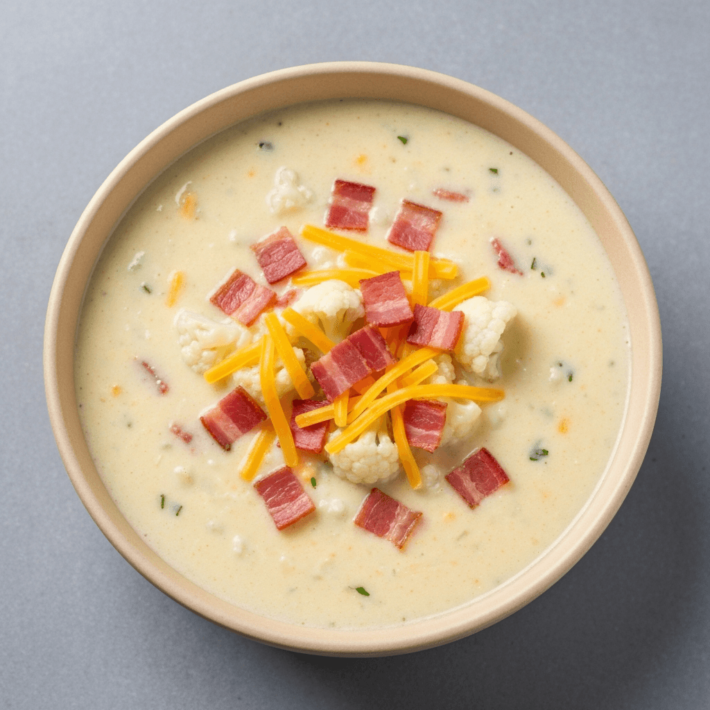 Creamy Cauliflower and Cheddar Soup with Canadian Bacon