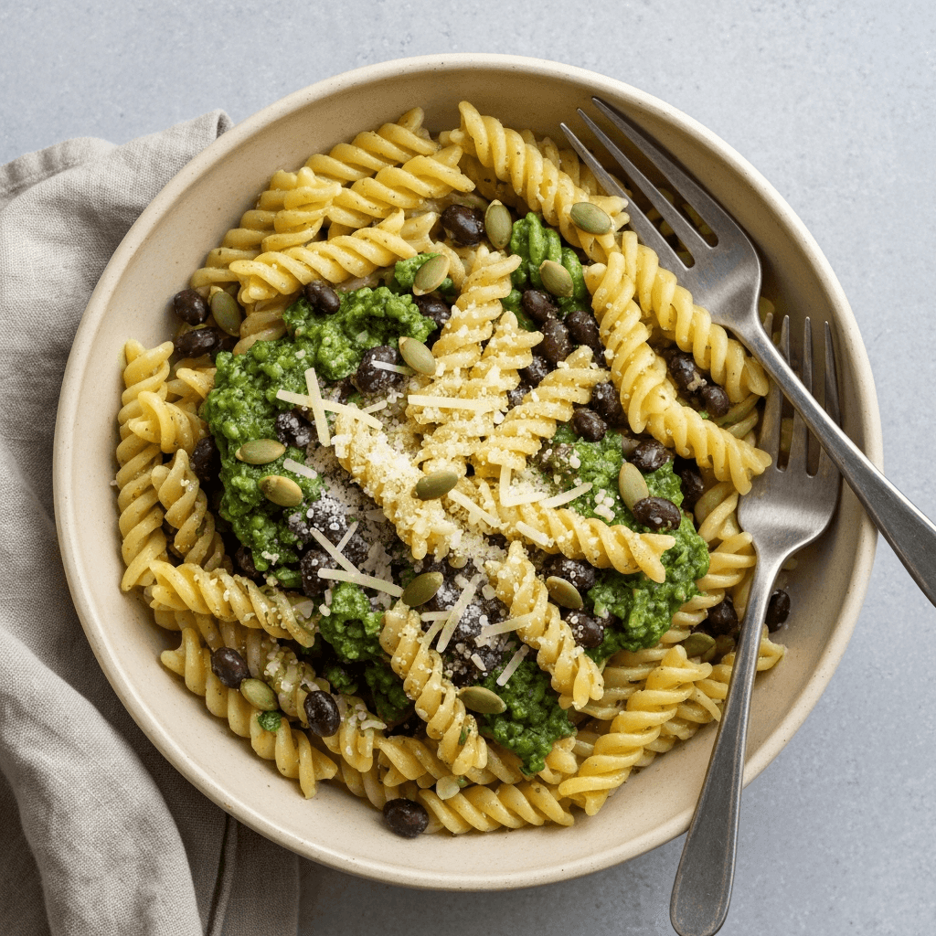Black Bean and Pumpkin Seed Pesto Pasta