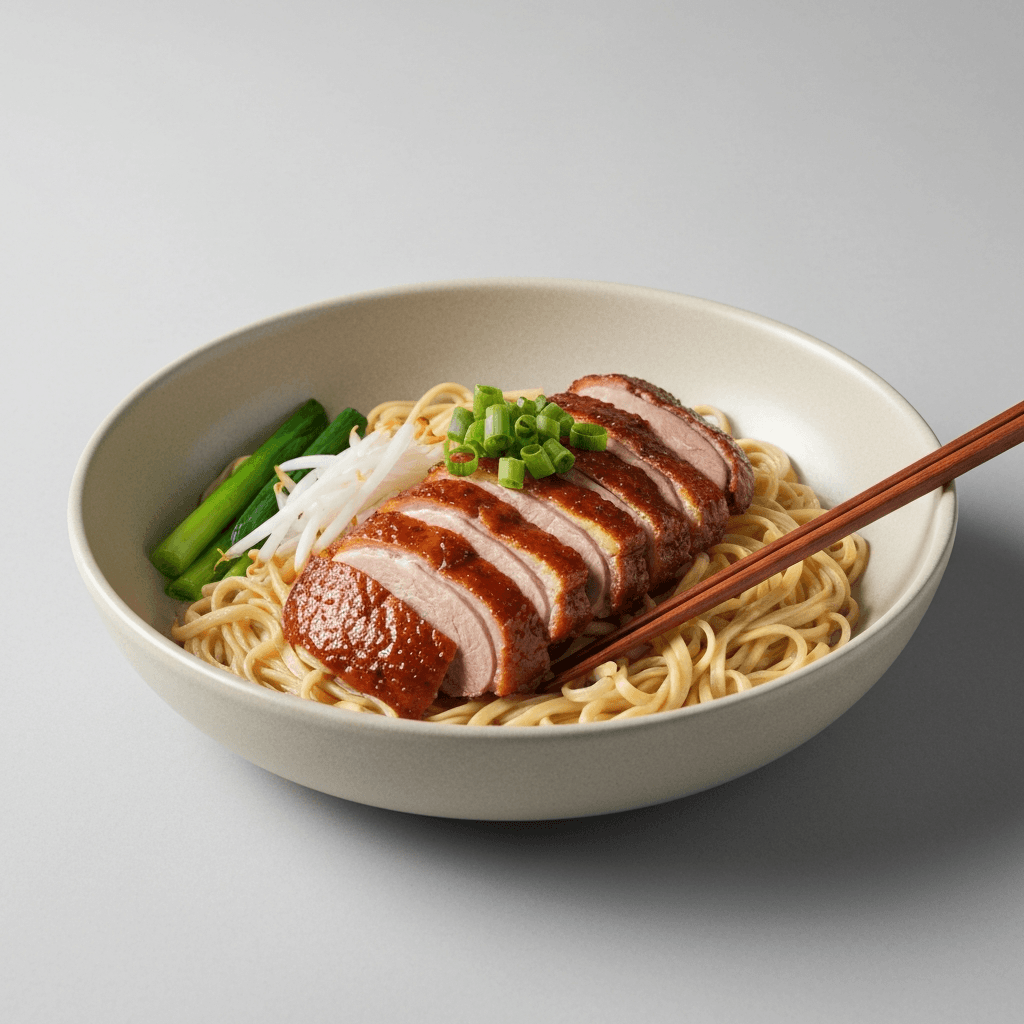 Cantonese Longevity Noodles with Roast Duck and Ginger Scallion Sauce