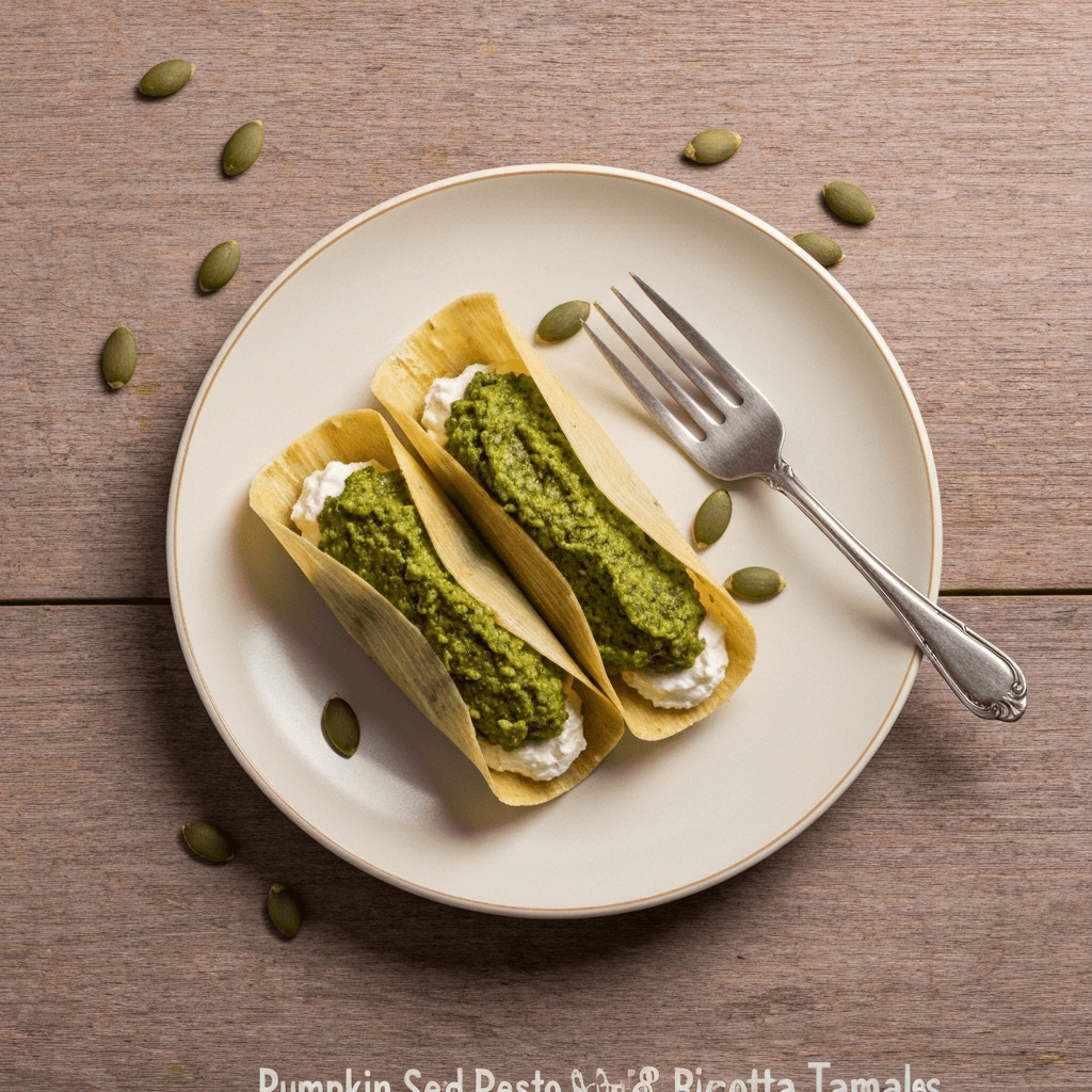 Pumpkin Seed Pesto and Ricotta Tamales