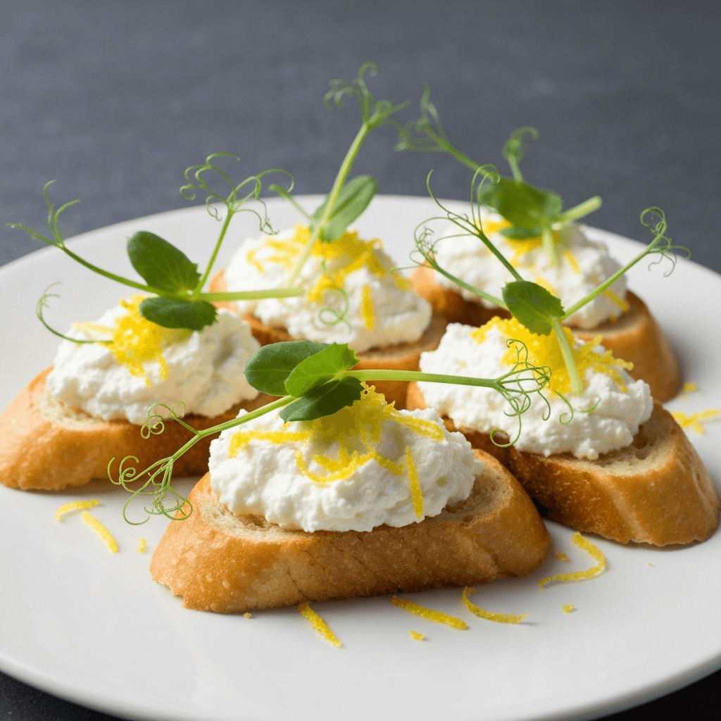 Whipped Ricotta Crostini with Lemon Zest and Pea Shoots