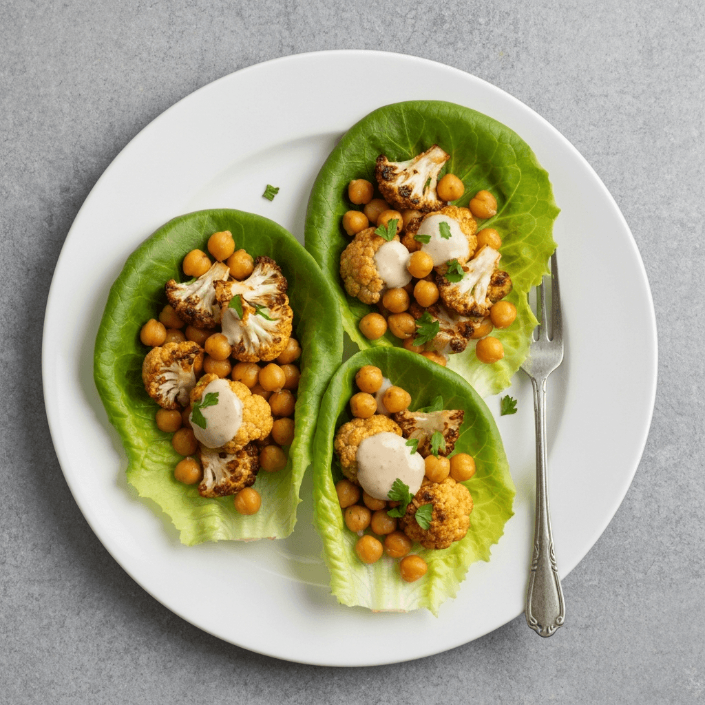 Roasted Cauliflower and Chickpea Lettuce Wraps with Tahini Dressing