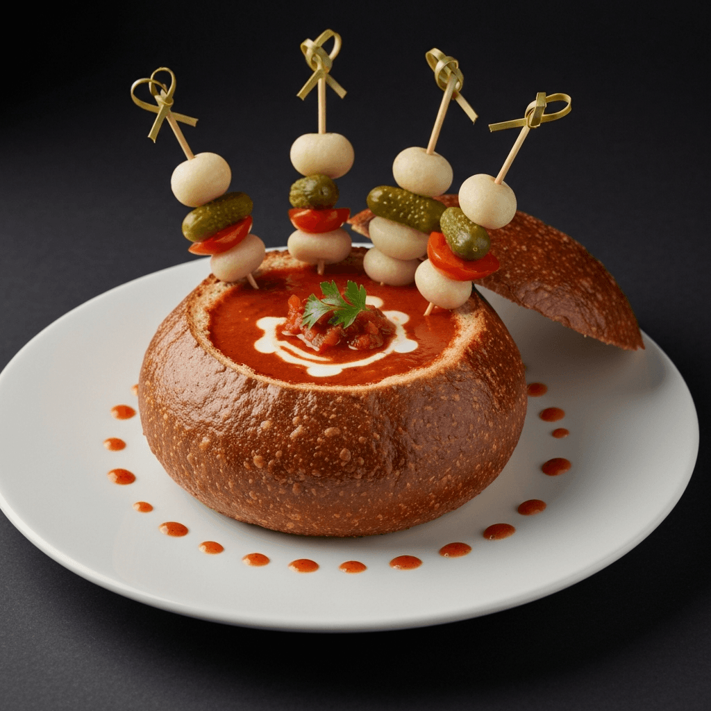 Borscht Bread Bowl with Bloody Mary Soup and Pampushky Skewers