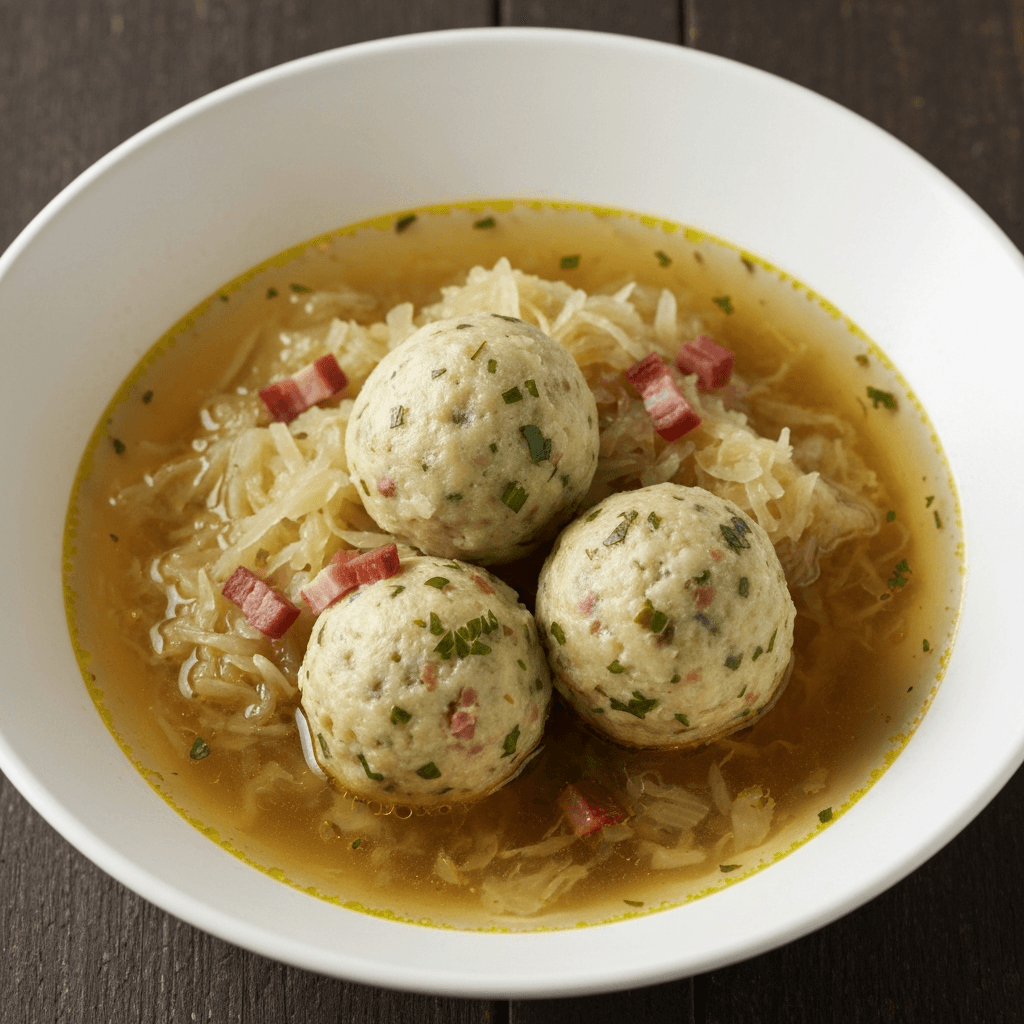 Speck and Sauerkraut Knödel in Caraway-Infused Broth