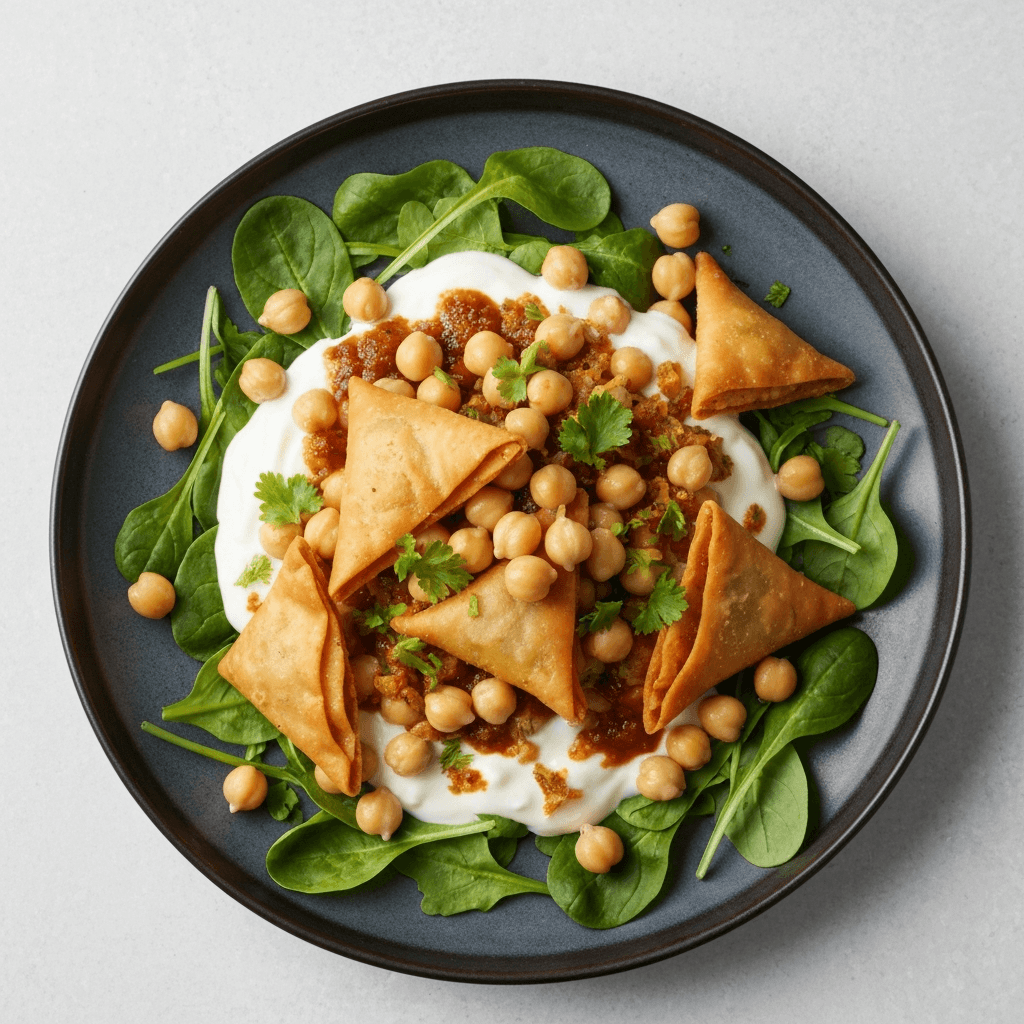 Vegetable Samosa Chaat Salad with Yogurt and Tamarind Chutney