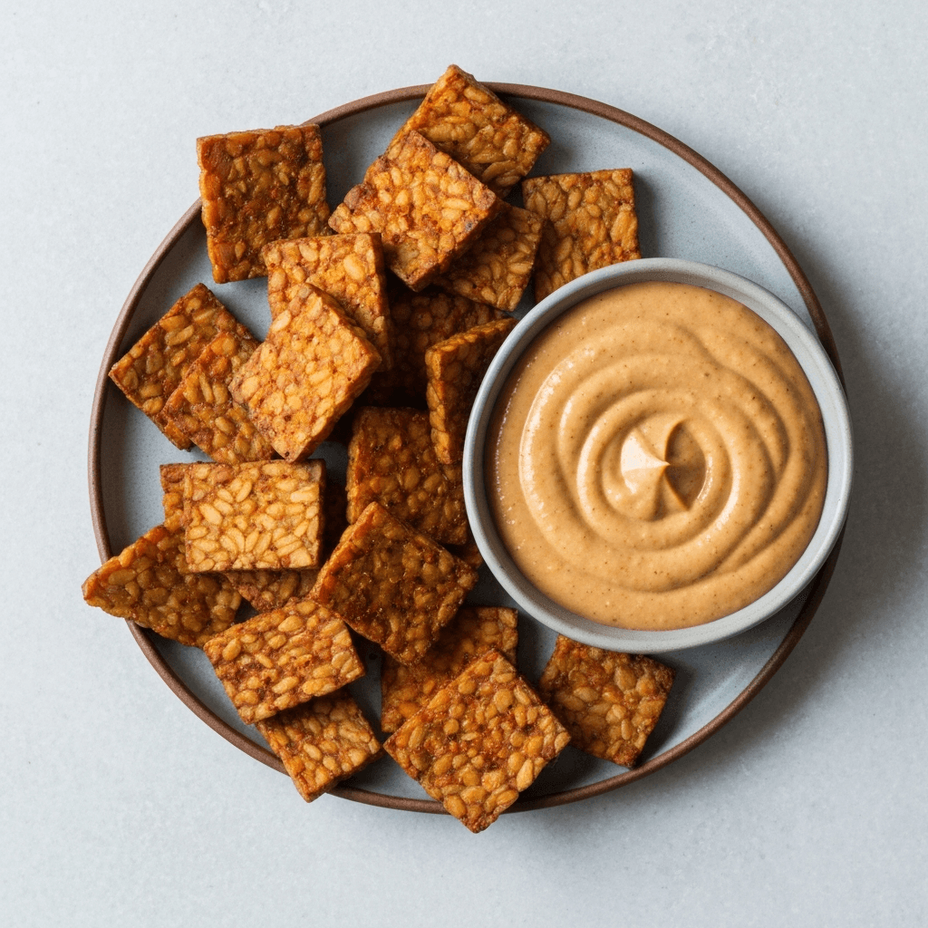 Spicy Tempeh Chips with Peanut Sauce Dip