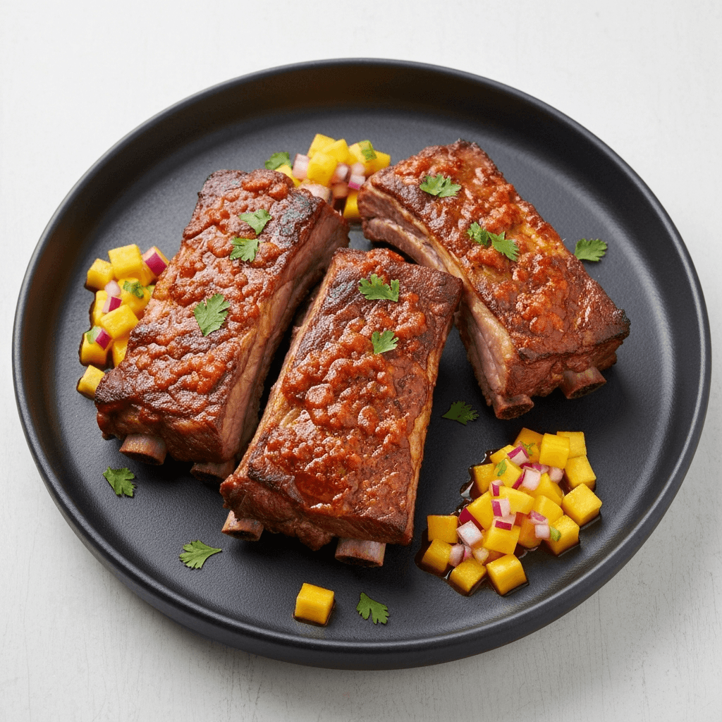 Spicy Vindaloo Pork Ribs with Mango Salsa