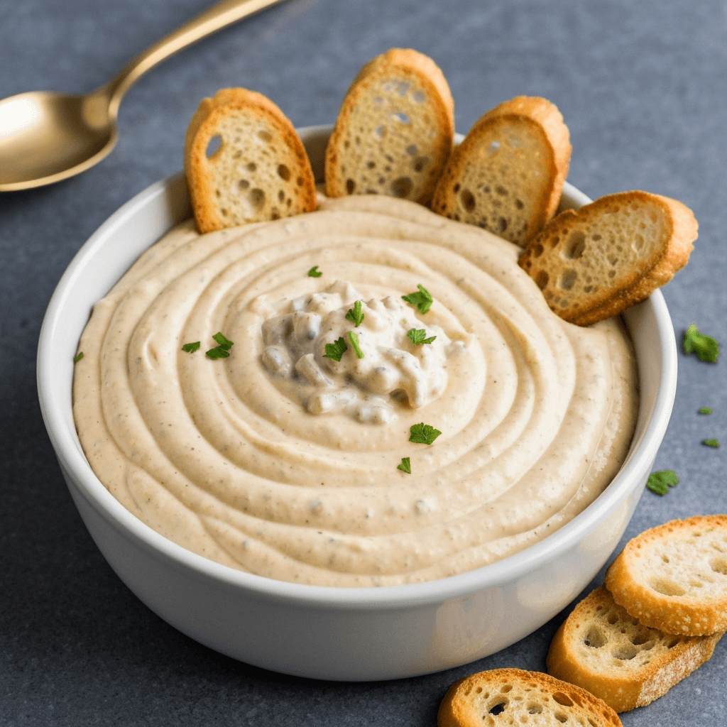 French Onion Soup Dip with Baguette Crisps