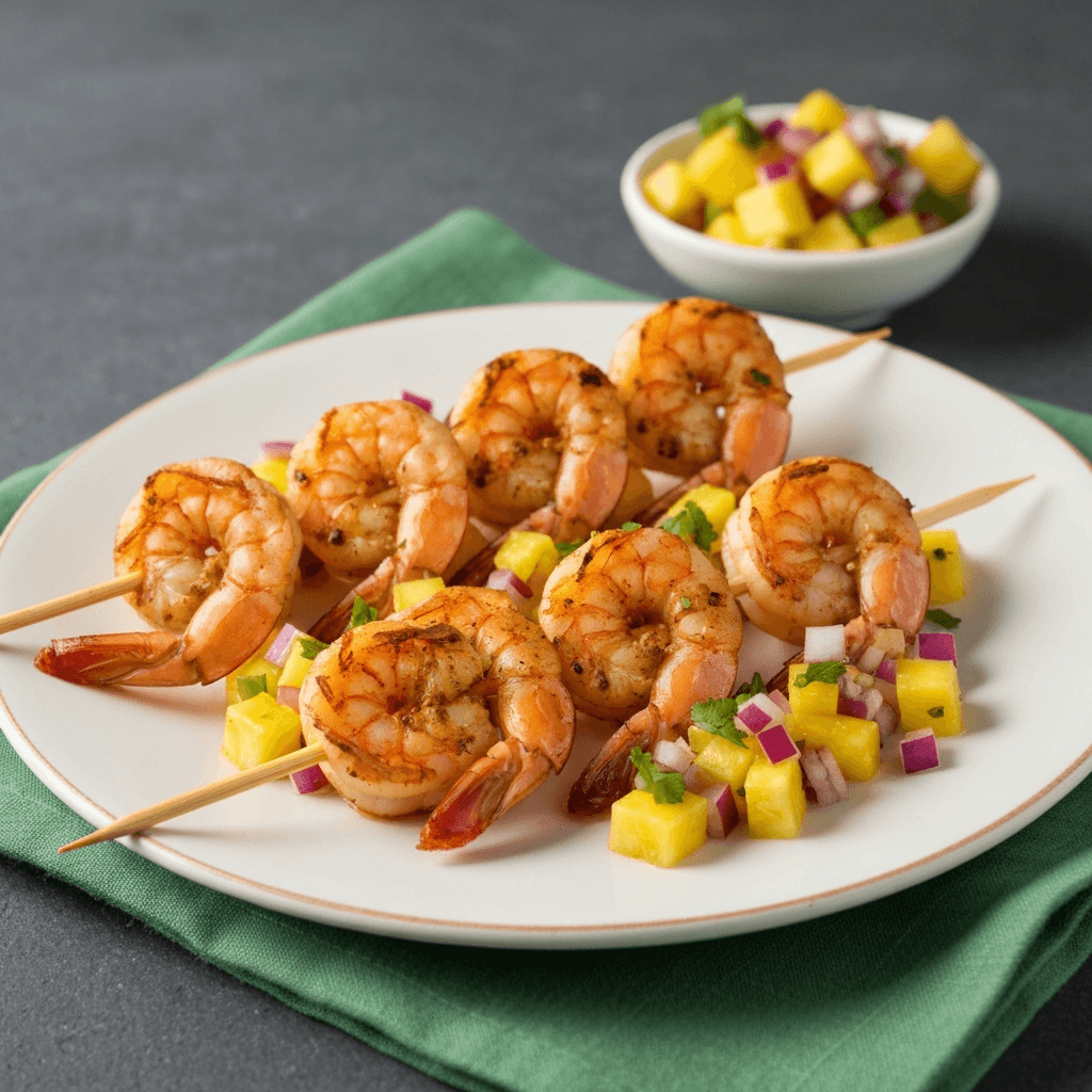Tagine-Marinated Shrimp Skewers with Pineapple Salsa
