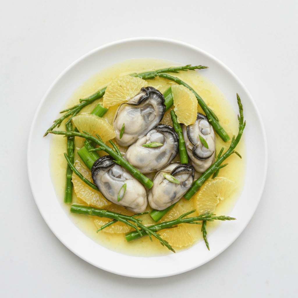 Jersey Oyster Ceviche with Sea Asparagus and Lemon Verbena