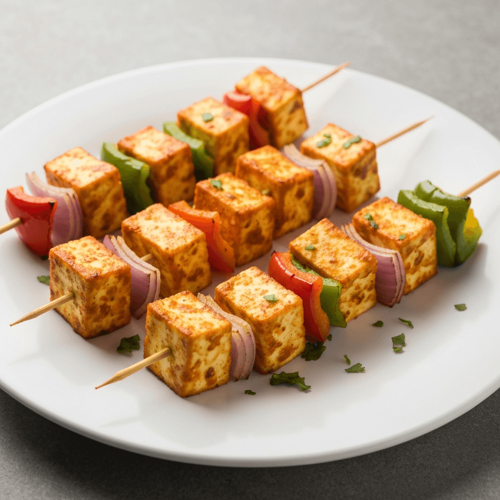Paneer Tikka Skewers with Bell Peppers and Onions