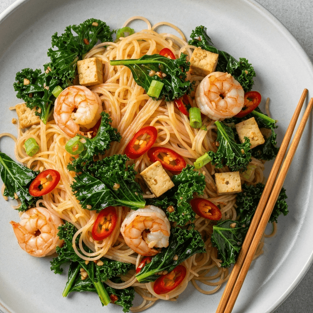 Stir-Fried Rice Noodles with Kale and Chili Garlic