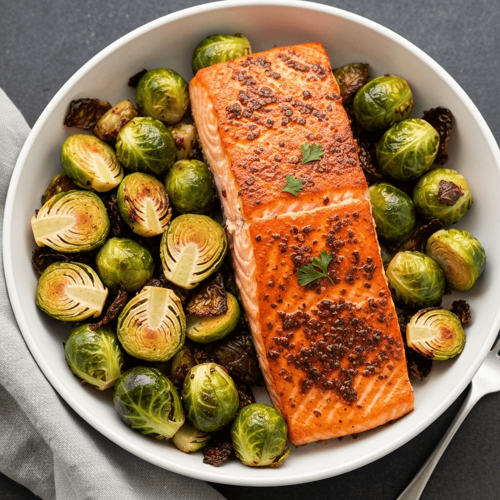 Chili-Rubbed Salmon with Roasted Brussels Sprouts