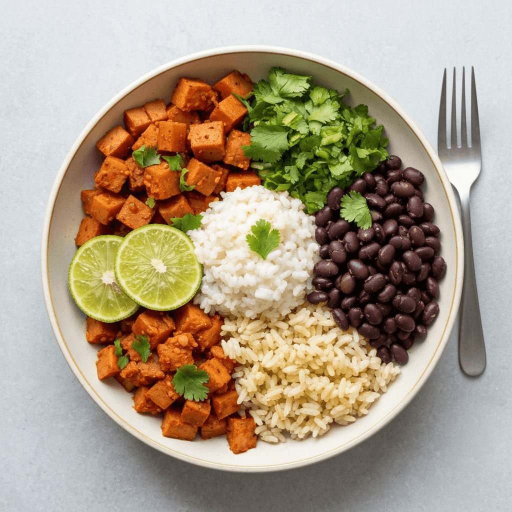 Black Bean and Roasted Vegetable Burrito Bowls with Cilantro Lime Rice