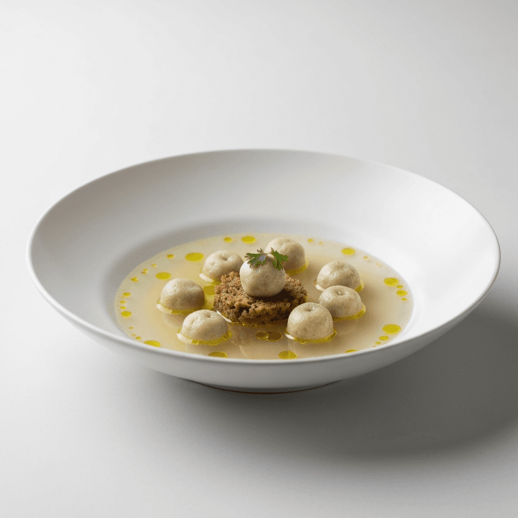 Solyanka Consommé with Miniature Rye Bread Dumplings