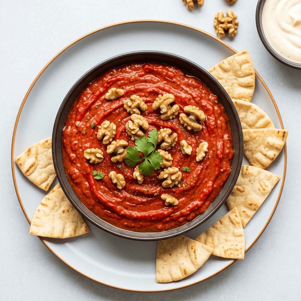 Spicy Roasted Red Pepper and Walnut Dip with Pita Chips