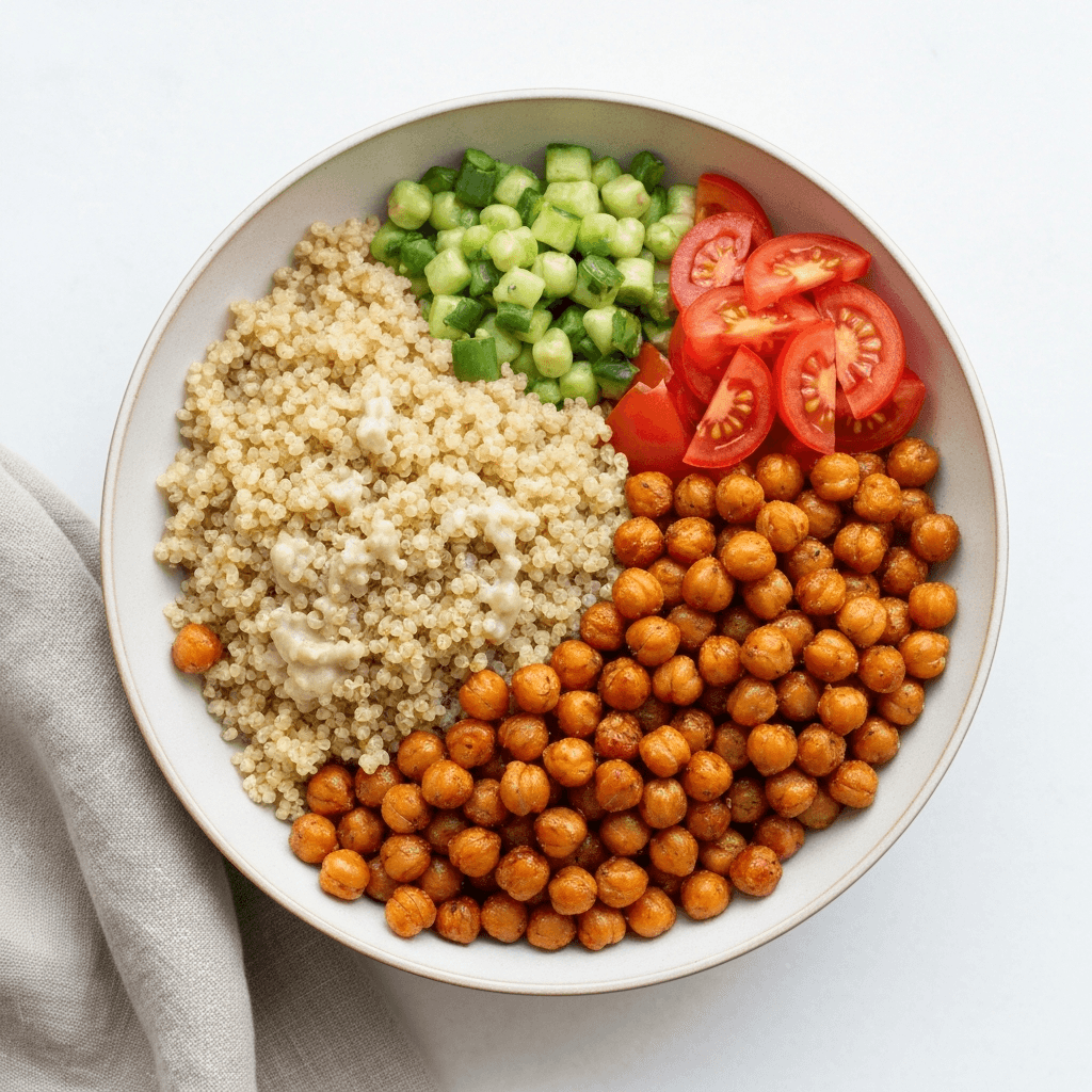 Quinoa Power Bowl with Roasted Chickpeas and Lemon-Tahini Dressing