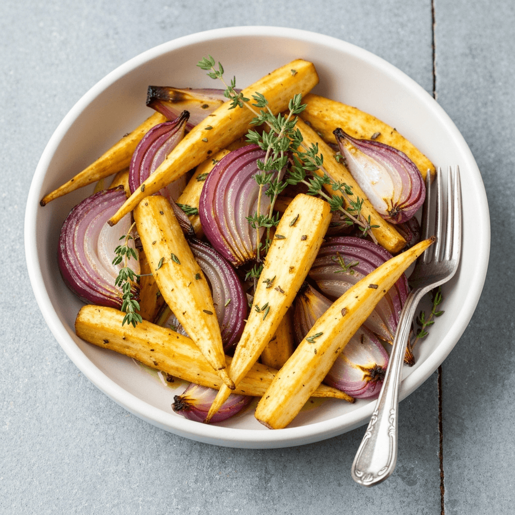 Roasted Onion and Parsnip with Thyme