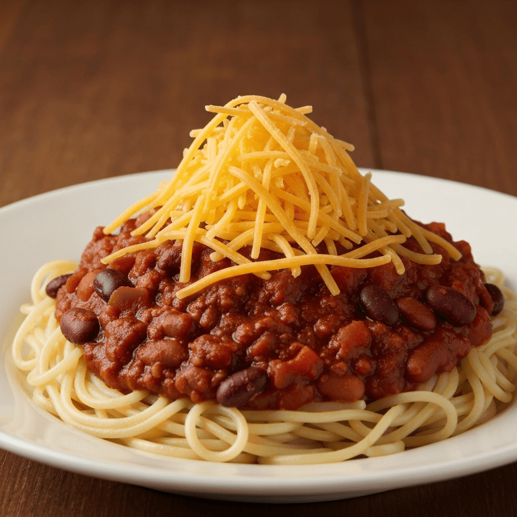 Cincinnati Chili Spaghetti with Cheddar Cheese Mountain