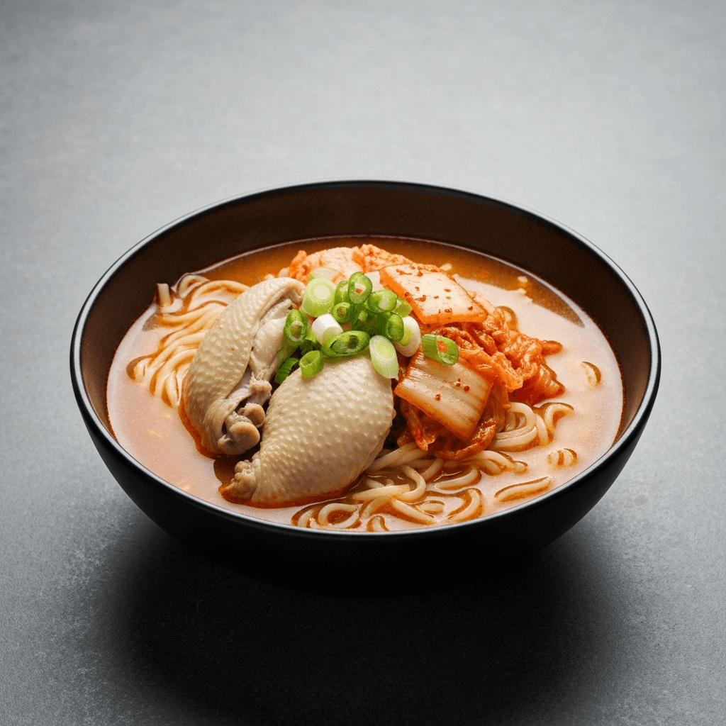 Korean Style Chicken Noodle Soup with Kimchi and Gochujang