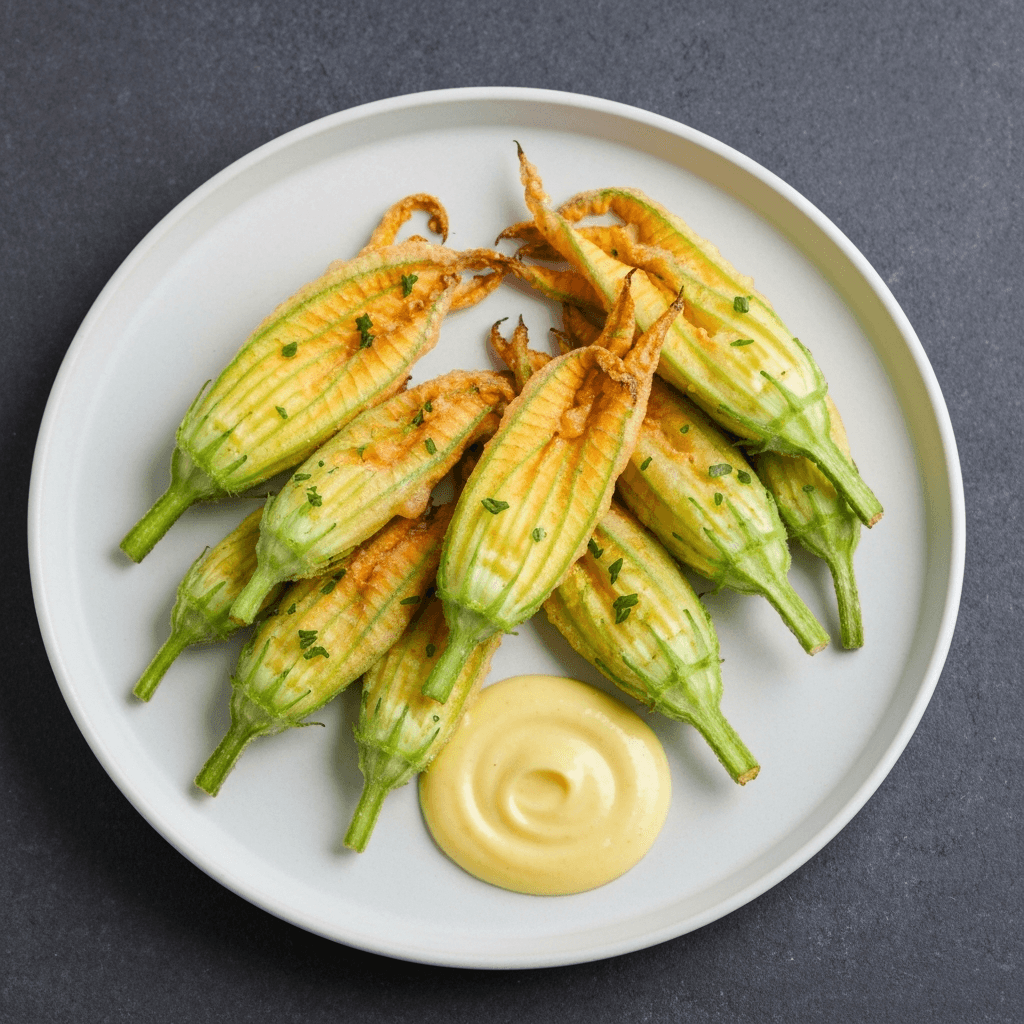 Garlic Fried Zucchini Flowers with Lemon Aioli
