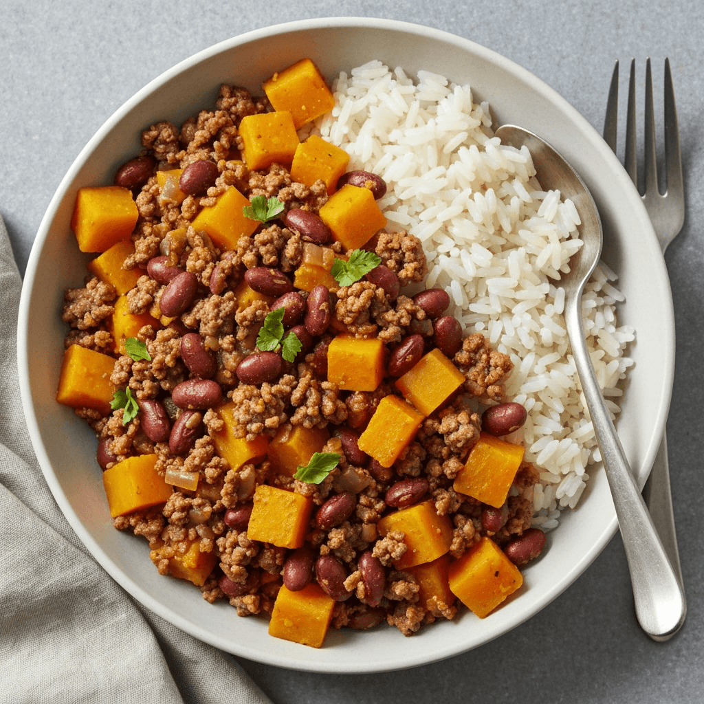 Hearty Bean, Mince, and Squash Rice Bowl