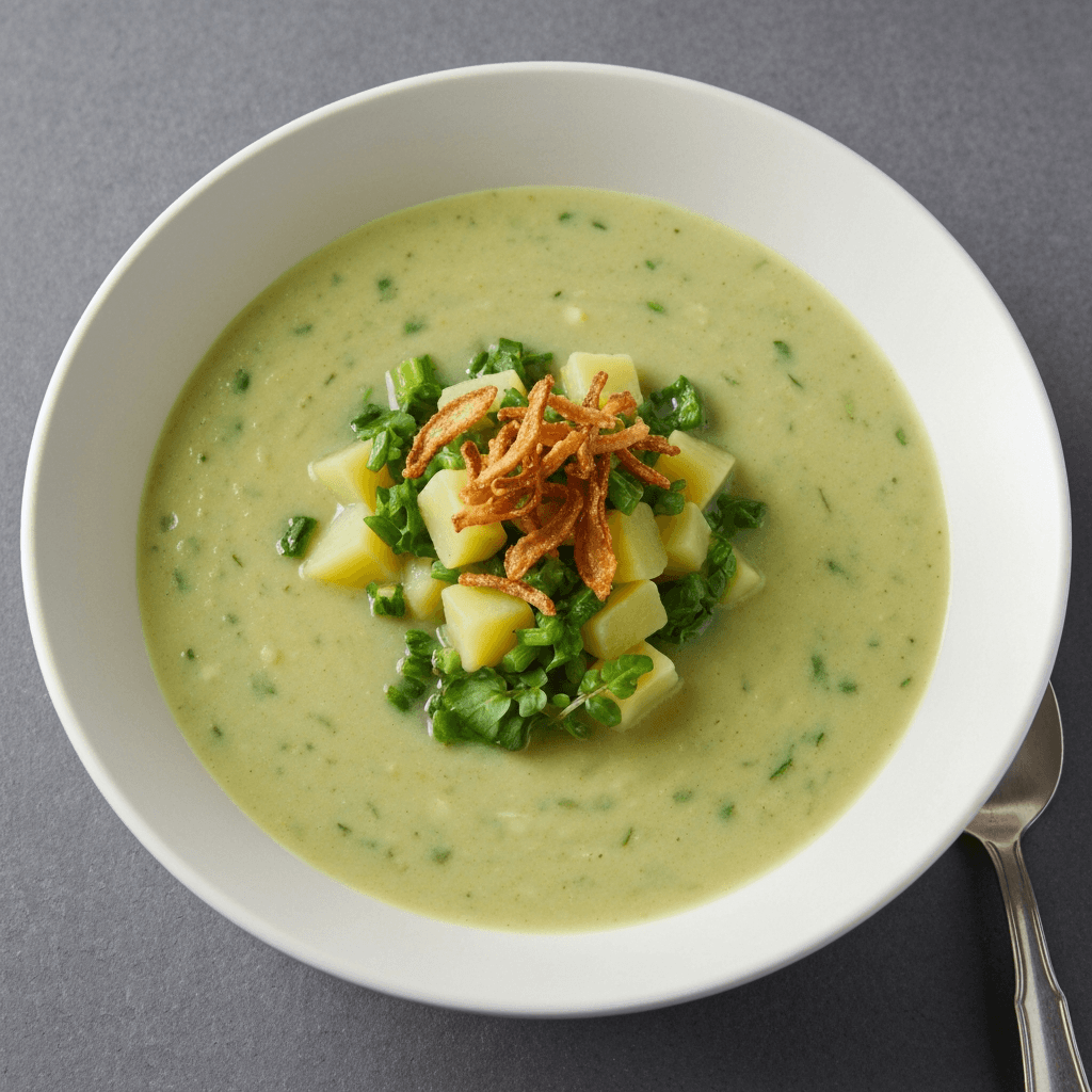 Jersey Royal Potato & Watercress Soup with Crispy Shallots