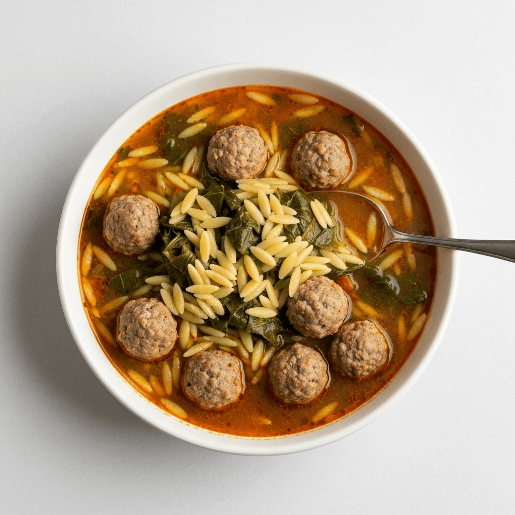 Spicy Italian Wedding Soup with Meatballs and Orzo