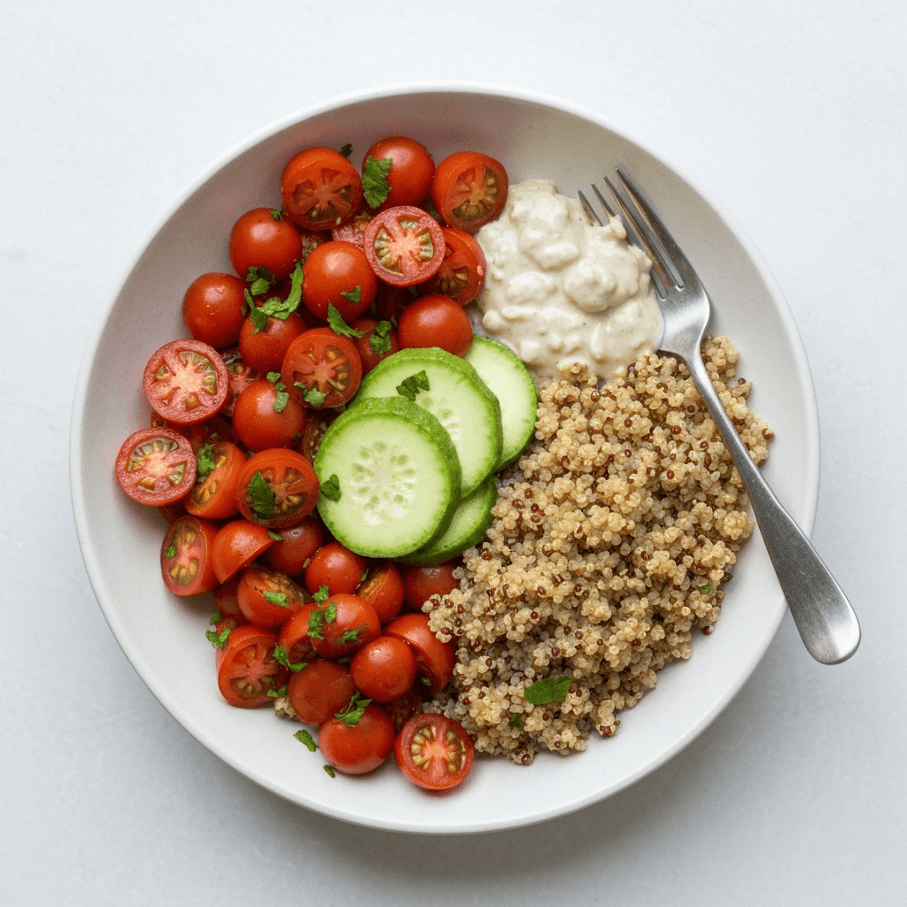 Mediterranean Quinoa Bowl with Roasted Vegetables and Lemon-Tahini Dressing