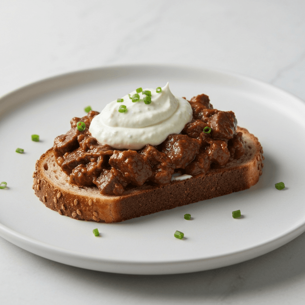 Open-Faced Rye Sandwich with Solyanka-Braised Beef and Horseradish Cream