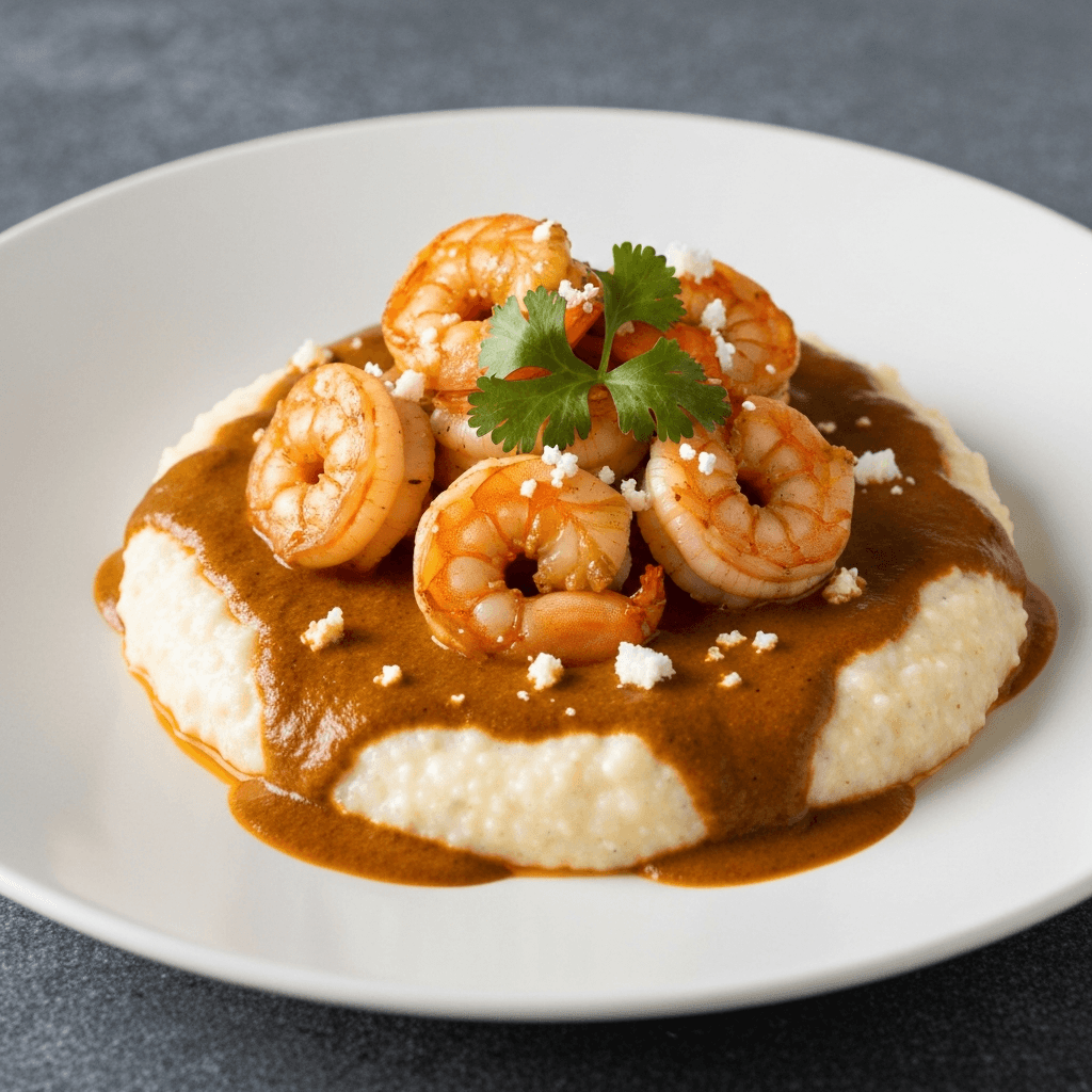 Mole Amarillo Shrimp and Grits with Cotija Cheese