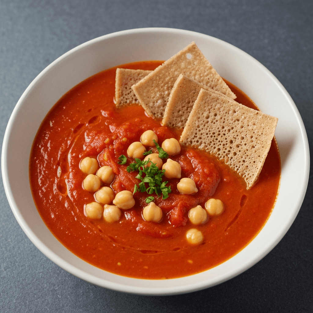 Spicy Chickpea and Tomato Soup with Crispy Injera Topping