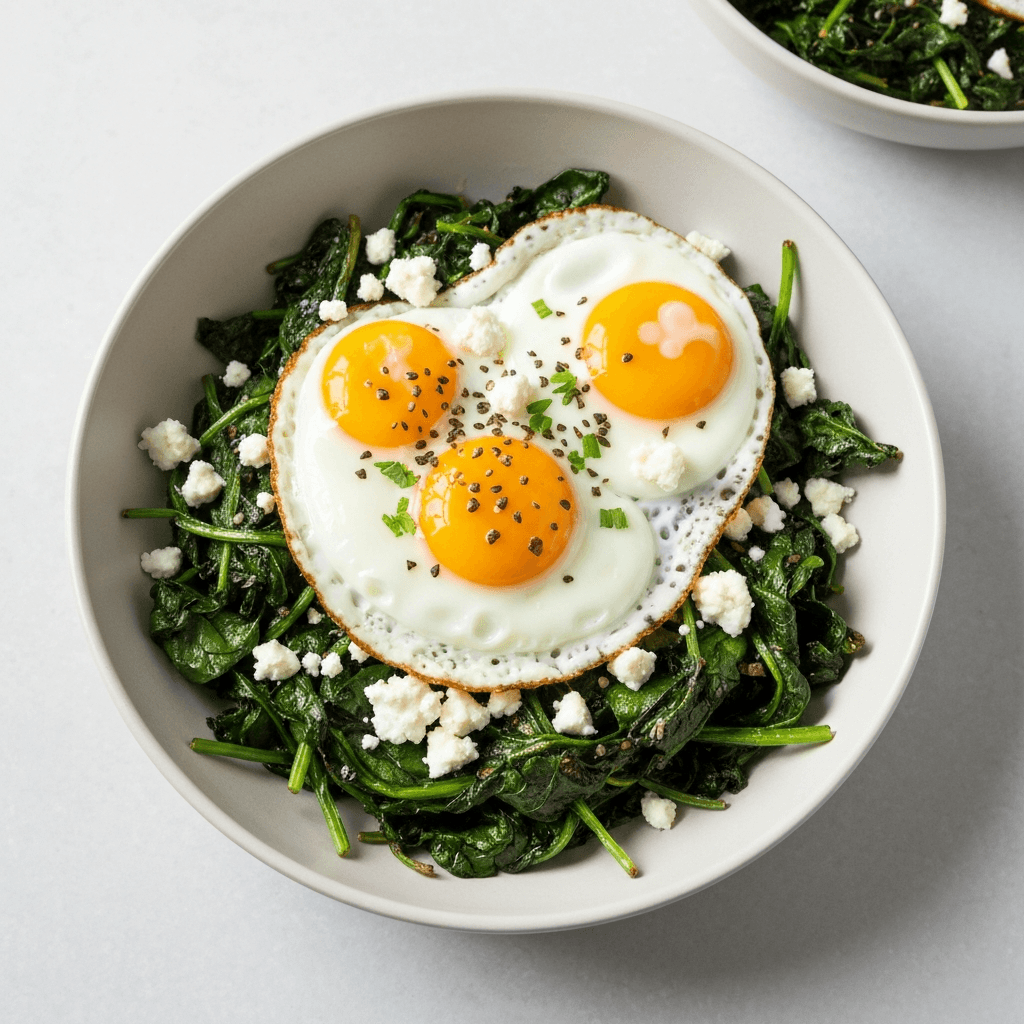 Roasted Spinach Breakfast Bowls with Eggs & Feta