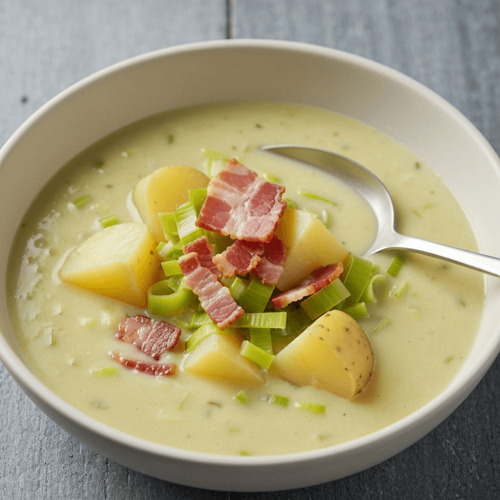 Jersey Royal Potato and Leek Soup with Crispy Pancetta