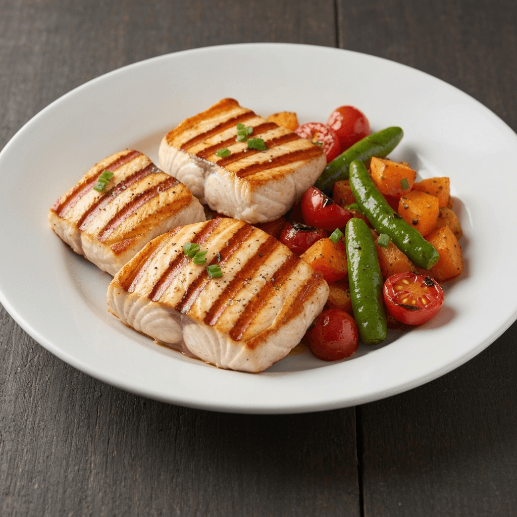 Tagine-Marinated Swordfish Steaks with Roasted Vegetables