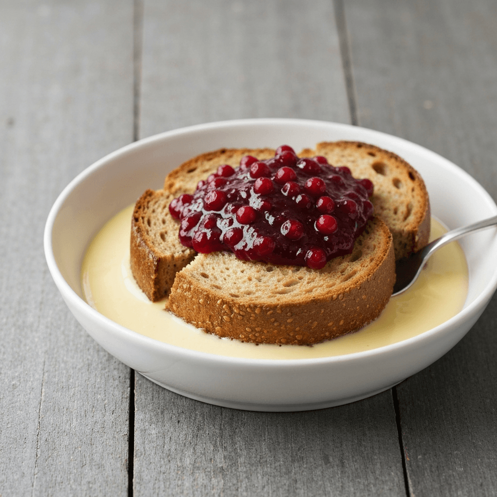 Rye Bread Pudding with Lingonberry Jam & Vanilla Custard