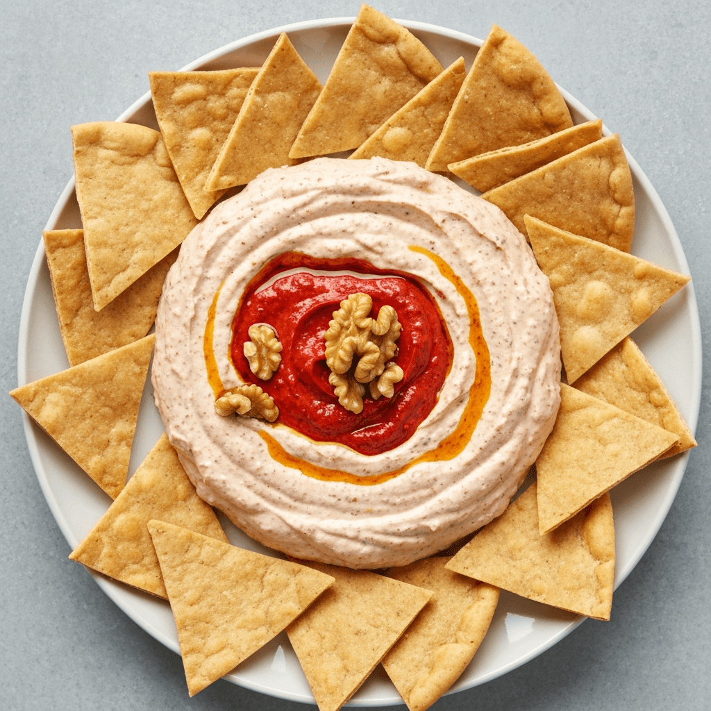 Spicy Roasted Red Pepper & Walnut Dip with Pita Chips (Dairy-Free)