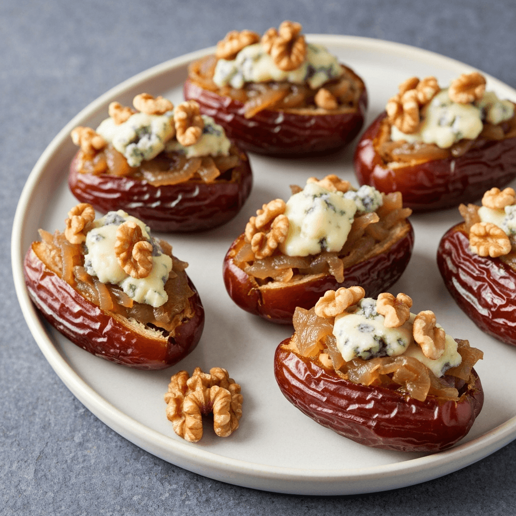 French Onion Soup Stuffed Dates with Blue Cheese